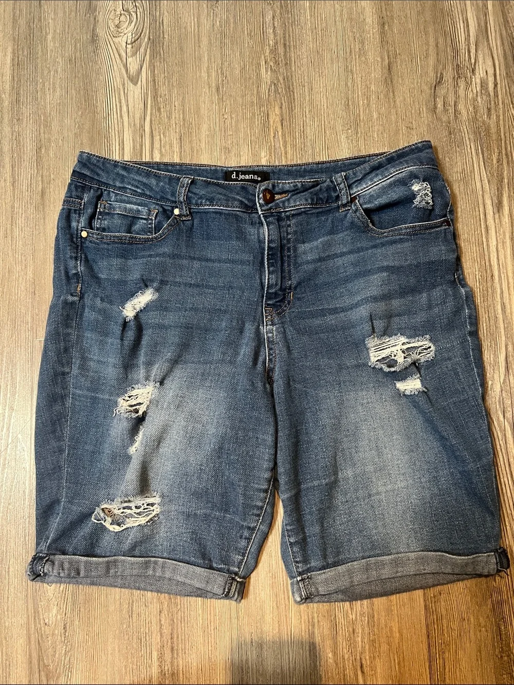 d. jeans Medium Blue Distressed Rolled Cuff Denim Shorts